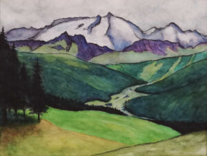 View to the Passo Campolongo, Watercolor, 34x46 cm