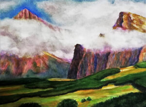 Alpe di Siusi - Langkofel and Plattkofel, Watercolor, 32x44 cm
